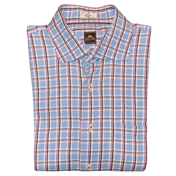 Peter Millar Crown Comfort Dress Shirt Pink Blue Brown Plaid - Picture 10 of 10